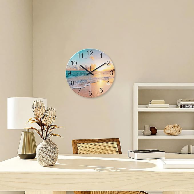 Beach Wall Clock Silent Analog Glass Wall Clocks Battery Operated 16 Inches or Larger Blue Clocks for Living Room