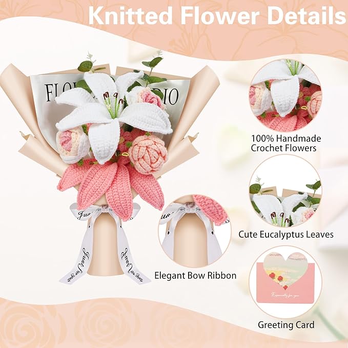 Crochet Flowers Crochet Flower Bouquet with Greeting Card Finished Crocheted Flowers Handmade Roses & Lily Bouquet for Mother's Day Valentines Day Birthday Graduation Gift Home Decor (Sakura Pink)