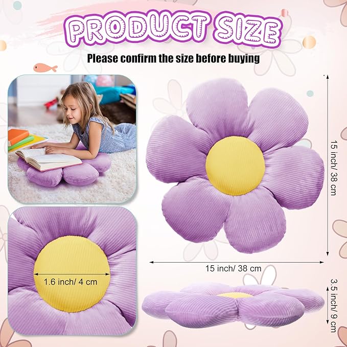 Reginary 4 Pcs Flower Floor Pillows Cute Plush Flower Throw Pillows Daisy Floor Seat Cushion Chair Pads for Christmas First Day of School for Sofa Couch Bed Decor(15 Inch,Black, White, Purple)