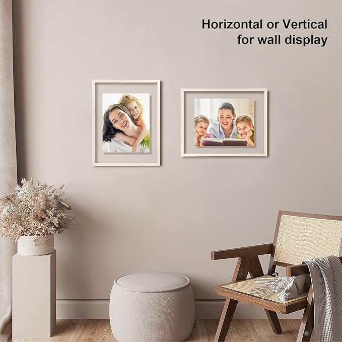 Egofine 11x14 Floating Frames Set of 2, Double Plexiglass Picture Frame, Made of Solid Wood Display Any Size Photo up to 11x14, Wall Mount or Tabletop Standing, Beige