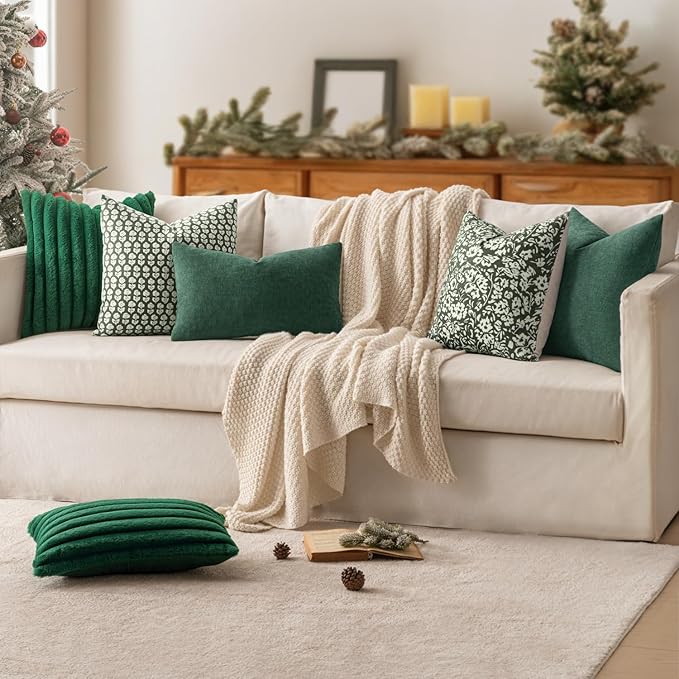 MIULEE Dark Green Couch Pillow Covers 18x18 Inch, Set of 2 Soft Chenille Decorative Square Throw Pillow Covers Christmas Farmhouse for Sofa Living Room Bed