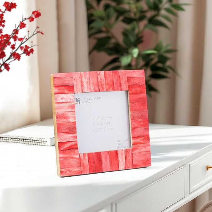 Handicrafts Home 4x4 Christmas Decor Red Picture Frame – Handmade Bone Inlay Photo Frame for Valentine’s Day Gift, Colorful Farmhouse Wall, Boho Shelf Decor, Vintage Home Decor & Living Room Wall Art
