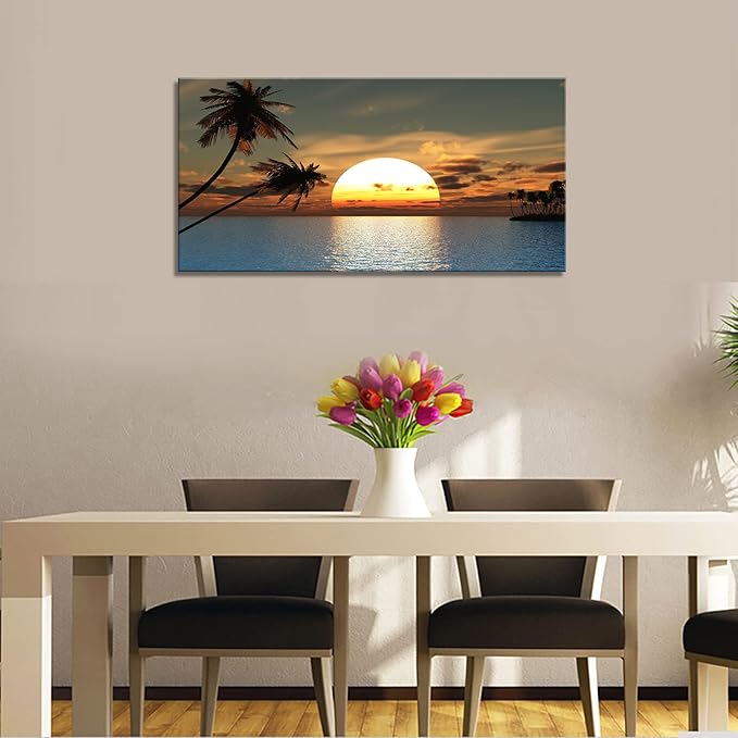DZL Art S75675 Sunset Coconut Palm Trees Canvas Wall Art Palm Trees on the small island Tropical Scenery Nature Canvas prints Pictures for Living Room Home Office Wall Decor Artwork