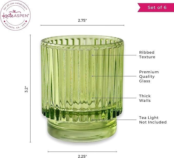 Kate Aspen Vintage Ribbed Glass Candle Holder Decor, Green Votive Candle Holders for Holiday Table Decor, Tealight Candles Holder Glass (Set of 6), Dinning & Christmas Table Decoration (Pack of 6)