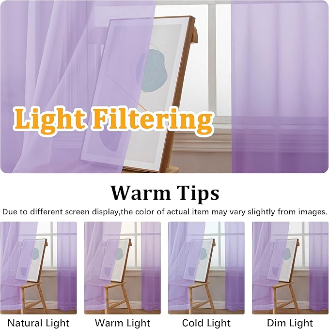 Gwine Lilac Sheer Curtains 84 Inches Long 2 Panels Set for Living Room, Rod Pocket Voile Lightweight Bedroom Curtains, Light Filtering Solid Window Sheer Panels, Each 42" Wx84 L