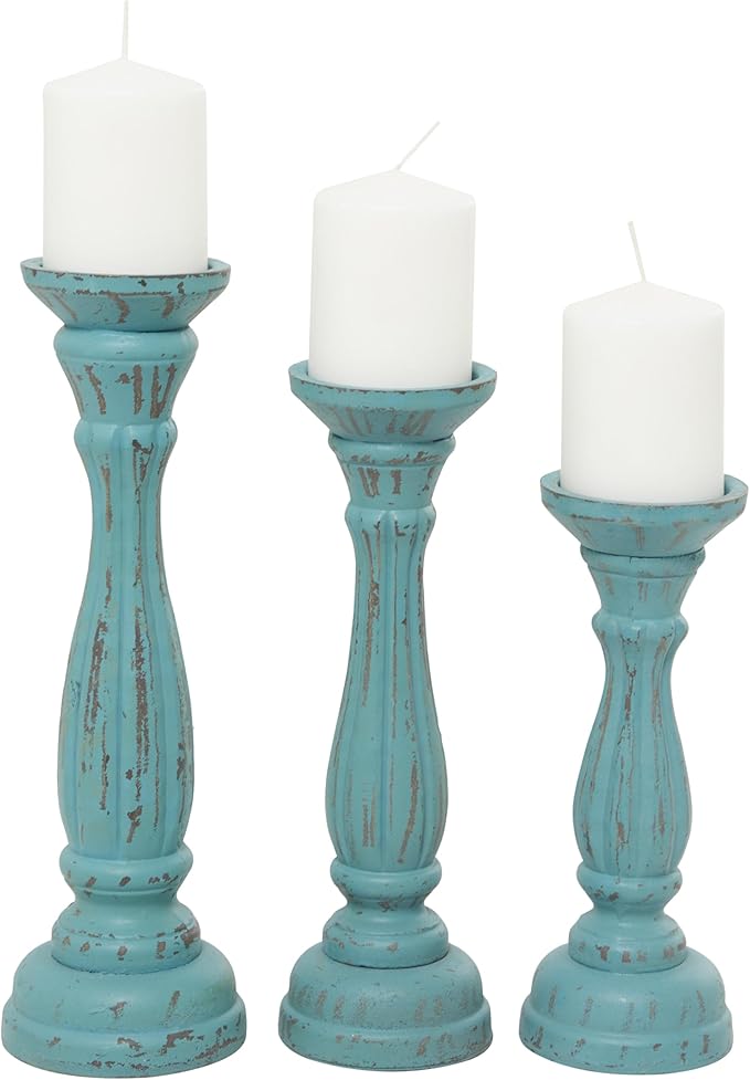 Deco 79 Wooden Decorative Candle Holder Distressed Candle Stand, Set of 3 Candlestick Holder 15", 13", 11"H, Blue