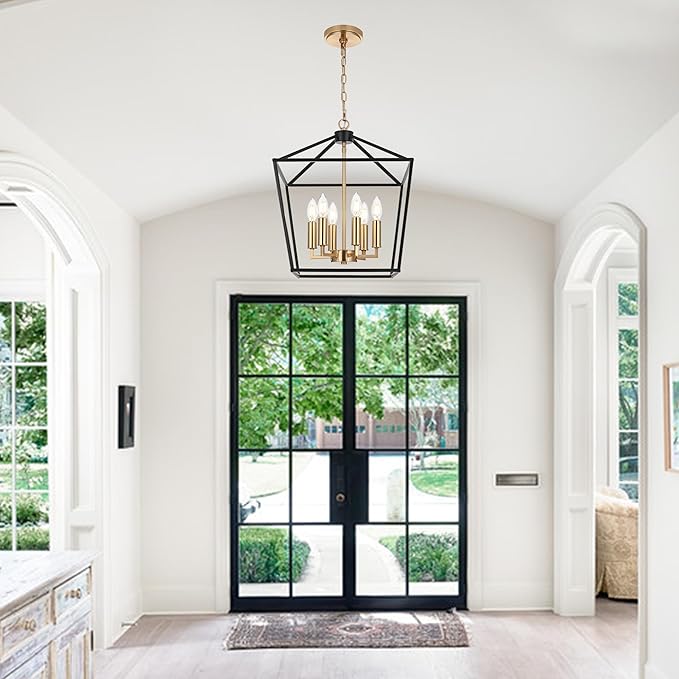MELUCEE Black Lantern Pendant Light 6 Light Industrial Cage Chandelier with E12 Brass Candle-Shaped Base Rustic Geometric Hanging Light Fixture for Kitchen Island Foyer Dining Room