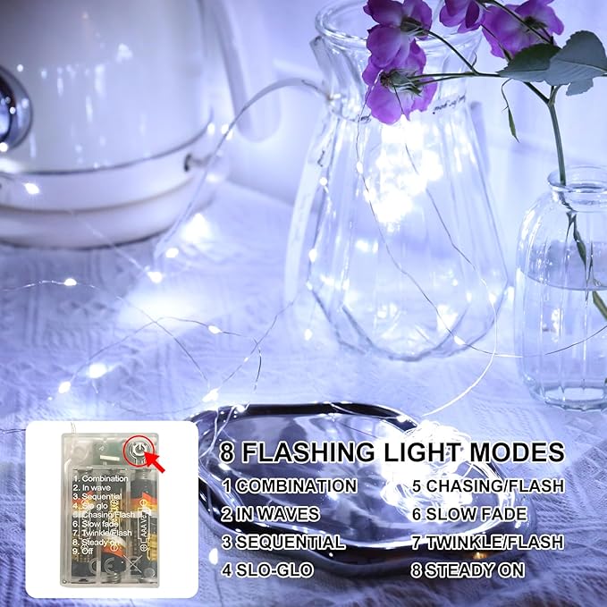 White Fairy Lights Battery Operated (Included), 8 Modes & Auto Timer, 2 Packs 5m 50Led Mini Twinkle Silver Wire Firefly Starry Lights, Waterproof Battery Operated Lights for Wedding Parties
