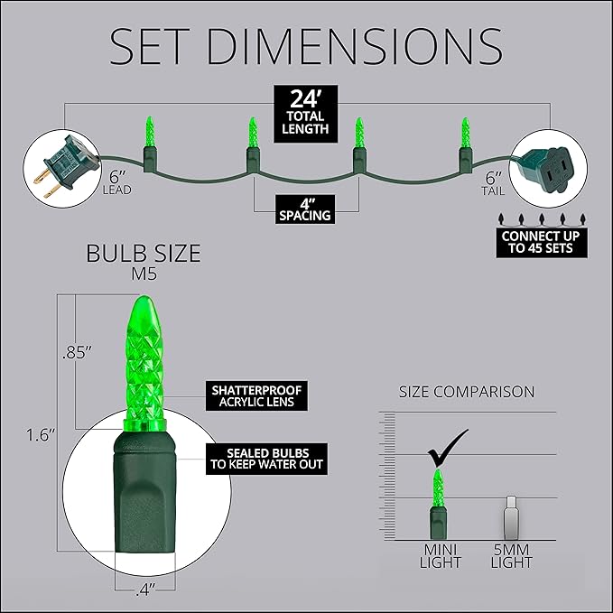 Wintergreen Lighting M5 LED Green Christmas Tree Lights, 70 Count 24 ft Green Wire Indoor/Outdoor Commercial Grade Mini String, Holiday and Seasonal Decor