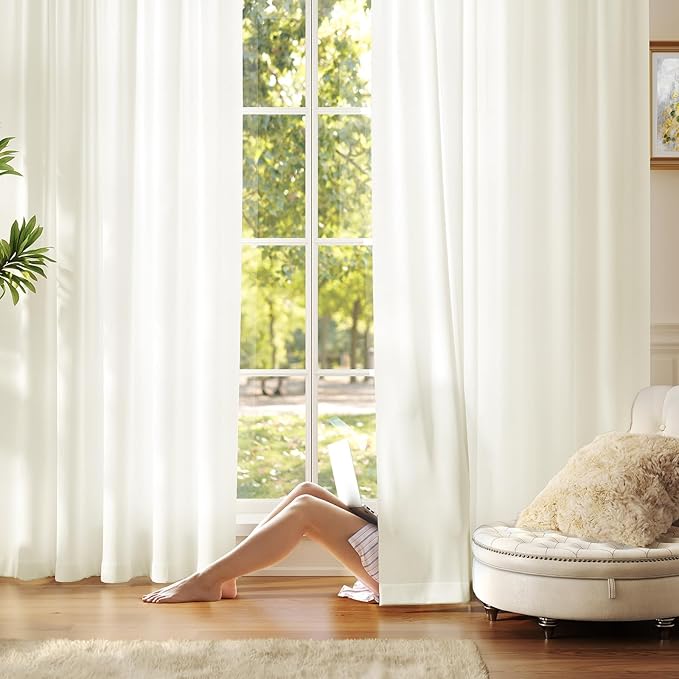 Anmao Non-See-Through Cream Privacy Semi Sheer Curtains for Living Room 72 Inch Length 2 Panels Set, Light Filtering That Let Light in Rod Pocket Window Drapes for Bedroom, 52W x 72L, Beige Yellow
