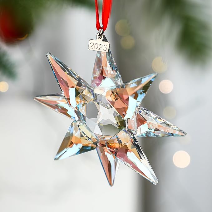 2025 Annual Crystal Christmas Ornaments Glass Snowflake Star for Tree Window Hanging with Bead Chains and Ribbons