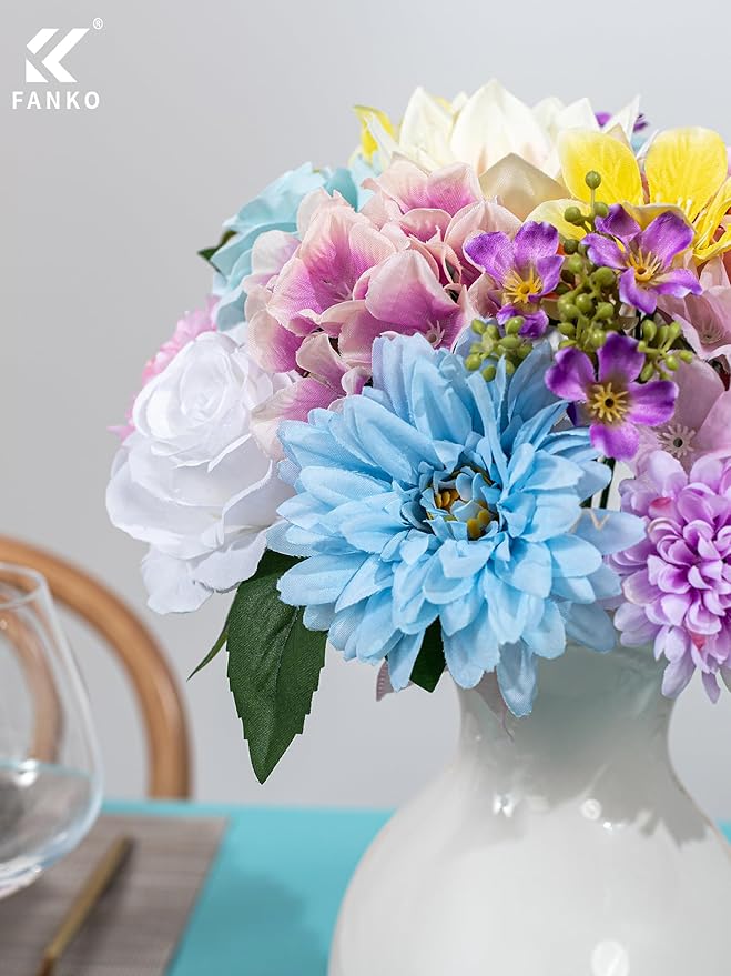 FANKO Artificial Flowers Mixed Fake Rose Combo, Pink Rose Light Blue & White Roses Blue Dahlia Assorted Blooms for DIY Wedding Bridal Bouquets/Centerpieces/Home Decor