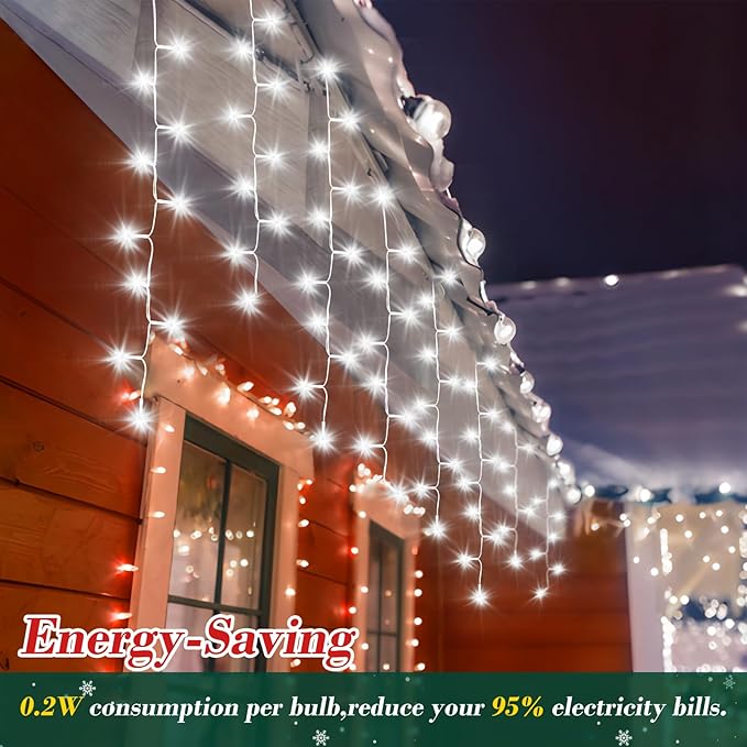 XURISEN 66ft Christmas Lights Decorations Outdoor, 640 LED 8 Modes Curtain Fairy Lights with 120 Drops,Plug in Waterproof Timer Memory Function for Christmas Holiday Wedding Party Decor(Cool White)