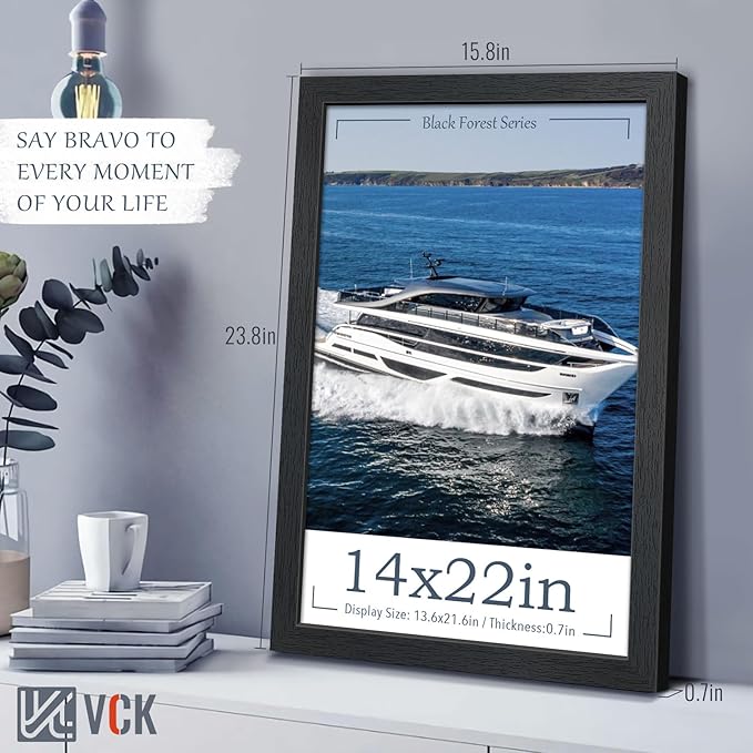 VCK 14x22 Picture Frame Set of 4 - Black, Gallery-Quality Wood Poster Frames, 1.1-Inch Wide Border, Polished Plexiglass, Vertical or Horizontal Wall Display for Photo/Art/Prints, Black