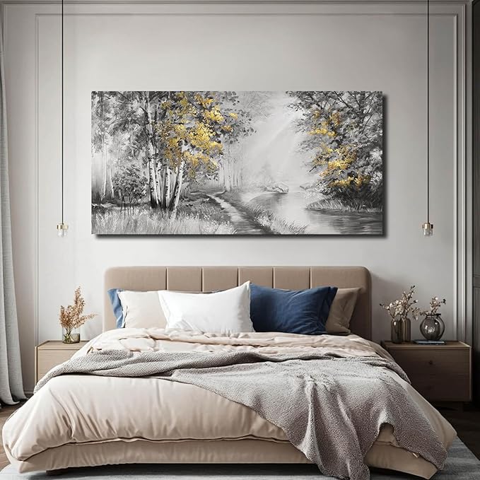 SOUGUAN Wall Art for Bedroom Forest Canvas Art Hand Painted Artwork Gold Plant Pictures for Living Room Office Home Decoration 30x60 Inch