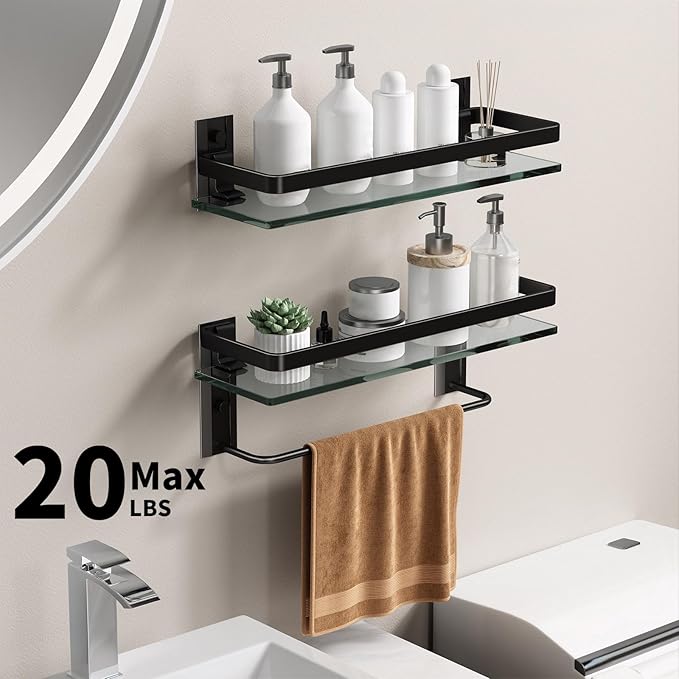 Danpoo Bathroom Shelves Wall Mounted, Clear Tempered Glass Shelf with Towel Bar, Hand Towel Holder(Matte Black)