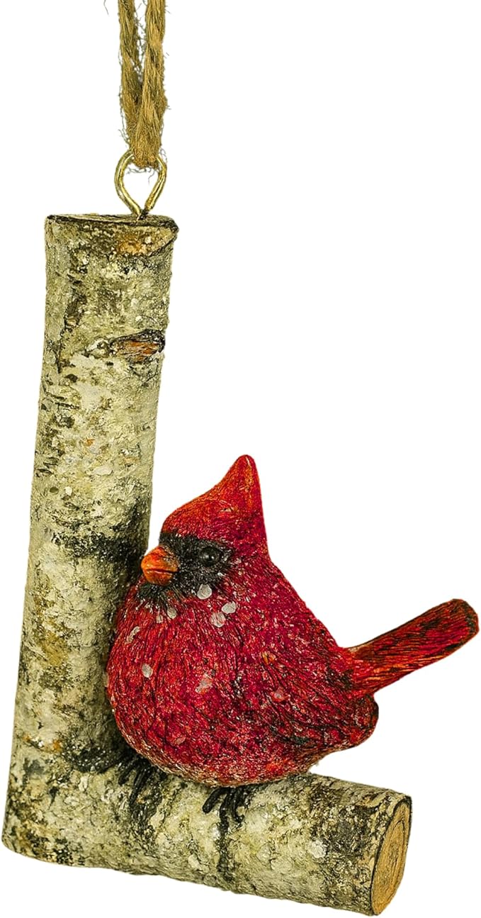 Rustic Cardinal Initial Letter Christmas Ornament – Birch Wood Look Hanging Alphabet Monogram Decoration for Holiday Tree & Winter Home Décor (L)