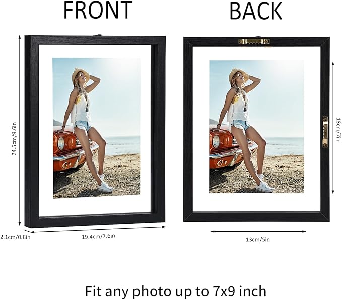 Trwcrt 5x7 Floating Picture Frames Set of 4, Double Glass Photo Frame Display up to 7 x 9 Photos for Desktop or Wall Hanging, Black
