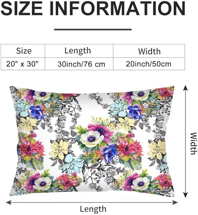 Chinoiserie Throw Pillow Cover Queen Size Set of 2 Flowers Pillowcases Boho Floral Lumbar Pillow Case Soft Standard Pillow Cases with Zipper Decorative Farmhouse Cushion Covers for Bed,Couch,20"x30"