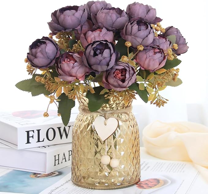 Faux Flowers in Vase,Fake Flowers in Vase 21 Pcs Faux Peony Flowers,Artificial Flowers for Home Decor, Indoor Centerpiece for Living Room & Dining Table (Purple Red)