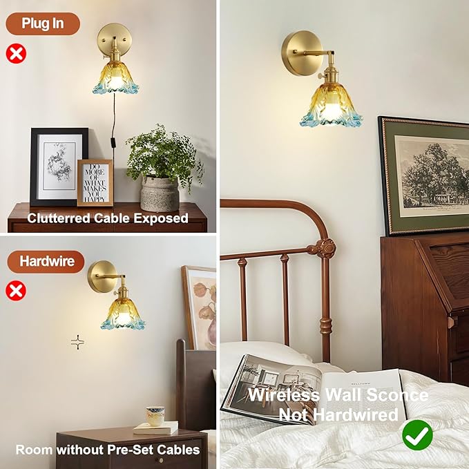 2 Pack Vintage Battery Operated Wall Sconces, Cabbage Yellow Lampshade & 180 Degree Adjustable, Wireless Rechargeable RGB Wall Light with Remote Control, for Bedroom Living Room Hallway Aisle
