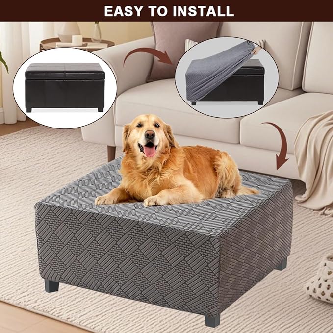 Square Ottoman Cover Large Stretch Storage Ottoman Bench Covers Slipcovers Cube Jacquard Covers for Square Ottomans Coffee Table Footrest Stool Cover with Elastic Bottom XL Dark Gray