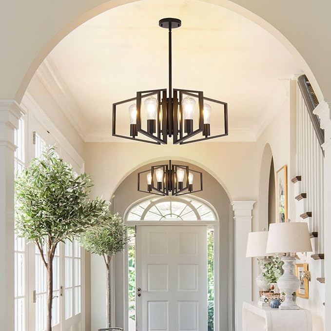 WJShome Black Chandelier, 4-Light Farmhouse Dining Room Light Fixture/Chandelier Over Table, Geometric Pendant Lights Kitchen Island, for Entryway, Foyer, Hallway