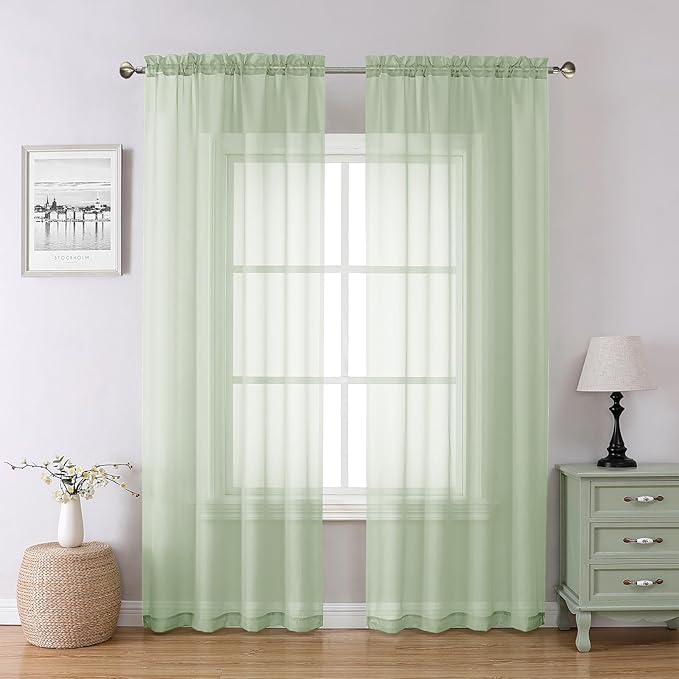 Lecloud Light Green Sheer Curtains 84 Inches Long 2 Panels Set, Airy Voile Window Curtain Panels, Elegant Light Filtering Drapes for Living Room Bedroom Decor with Rod Pocket, Each Panel 42 X 84 Inch