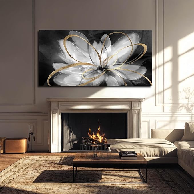 SOUGUAN Flower Large Artwork Gold Wall Decor White Canvas Paintings for Living Room Bedroom Kitchen Office 30"x 60"