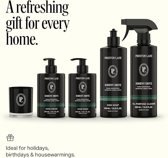 Preston Lane Signature Home Set – All Purpose Cleaner, Dish Soap, Hand Wash, Hand Cream & Scented Candle | Plant-Powered Cleaning & Care Essentials with Fine Italian Fragrance, Doheny Drive