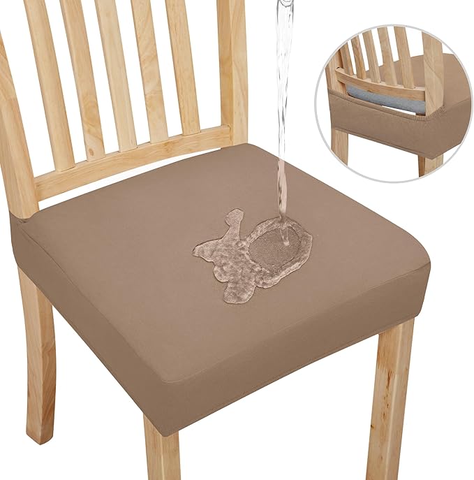 Easy-Going 100% Waterproof Seat Covers for Dining Room Chairs Set of 6, Stretch Chair Seat Slipcovers Protector Removable and Washable Kitchen Dining Chair Covers, Camel