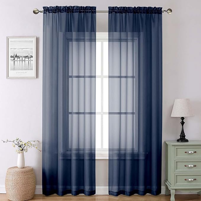 Lecloud Navy Blue Sheer Curtains 90 Inches Long 2 Panels, Light Filtering Voile Airy Curtains, Balance Light Privacy Window Treatments with Dual Rod Pocket for Bedroom Laundry Room, Each 42" W x 90" L