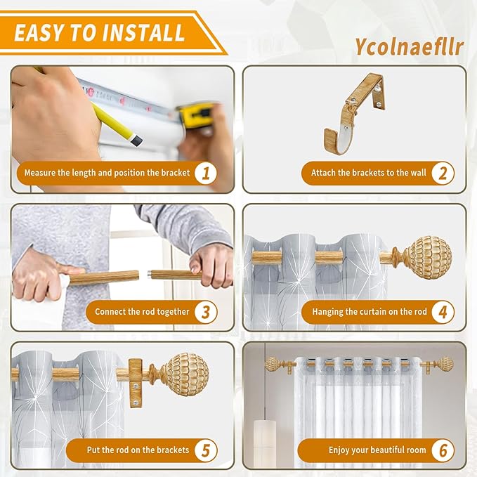 Wood Curtain Rod for Windows 48 to 84 inch, 1-inch Heavy-Duty Adjustable Curtain Rod with Decorative Pinecone finials for Farmhouse Living room, Bedroom, Dining room
