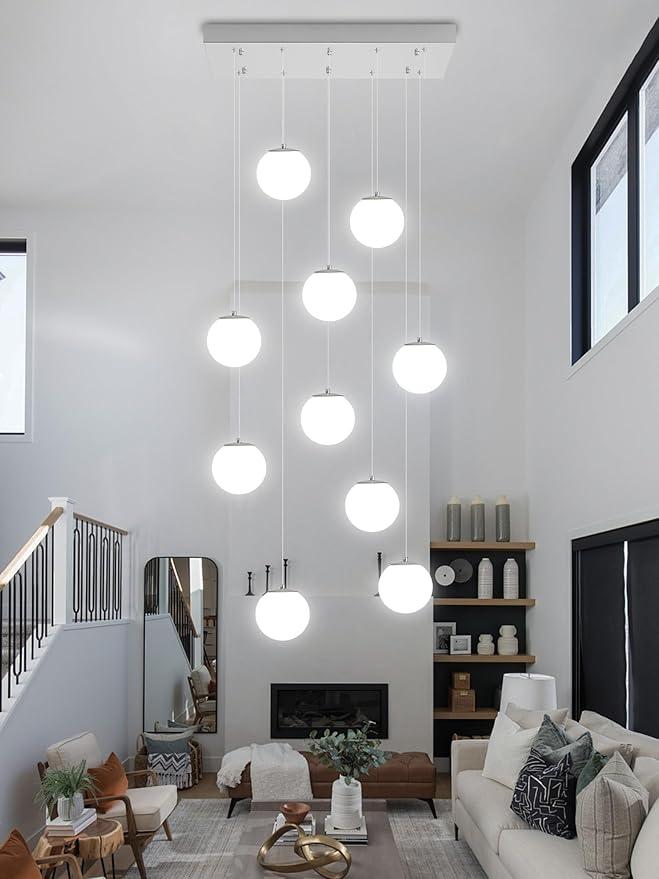 Chandeliers for Living Room Silver Pendant Light with White Globe Glass Dimmable Ceiling Light Rectangular Flush Mount Chandeliers Ceiling Light for Kitchen Island, Dining Room,Entry Hallway,