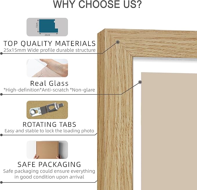 4x6 Picture Frame Set of 2, Made of Real Glass and Natural Oak Wooden Frame - Display Pictures 3.5x5 with Mat or 4x6 Without Mat, 4 by 6 Photo Frame for Wall or Tabletop Display