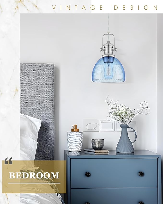 2 Pack Pendant Lights Kitchen Island, 7.5" Farmhouse Pendant Lighting with Blue Seeded Glass Shade, Vintage Hanging Light Fixtures for Dining Room, Brushed Nickel Finish, AD-22151-1P2-SN-BL