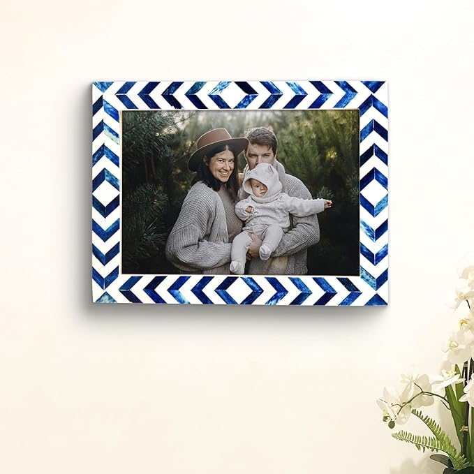 Handicrafts Home Chevron Mosaic Picture Frame – Handmade Bone Inlay 4 by 6 Photo Frame for Tabletop & Wall Decor, Home Decor, Boho Chic Coastal Farmhouse Frame, Colorful Desk & Shelf Decor- Blue White