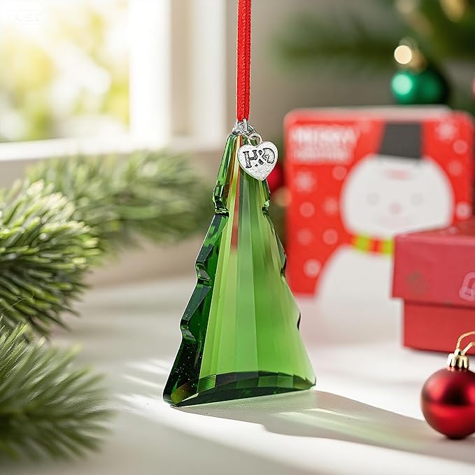 H&D HYALINE & DORA 2025 Crystal Christmas Tree Hanging Ornament, Green Crystal Christmas Tree Ornament Glass Prism Suncatcher Ornaments for Xmas Home Window Decor
