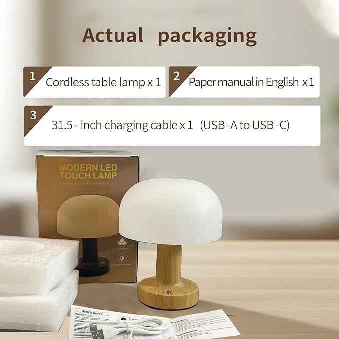 Mushroom Operated Table Lamp 3000mAh Cordless Rechargeable, Touch Dimmable Desk Lamp, LED Night Light for Patio Camping Restaurant Home, H7.3in, Wood Grain