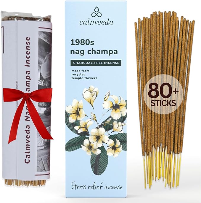 1980s Nag Champa Incense Sticks - Earthy, Floral Scent Blended with White Musk Incense (80 Sticks) | Charcoal Free, Made with Upcycled Flowers | Stick Incense for Calming (Inciensos Aromaticos)