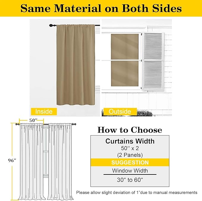 Taupe Blackout Curtains for Bedroom Living Room 96 Inches Long 2 Panels, Soft Solid Room Darkening Thermal Insulated Window Treatments, Rod Pocket Curtain, 50" Wx96 L