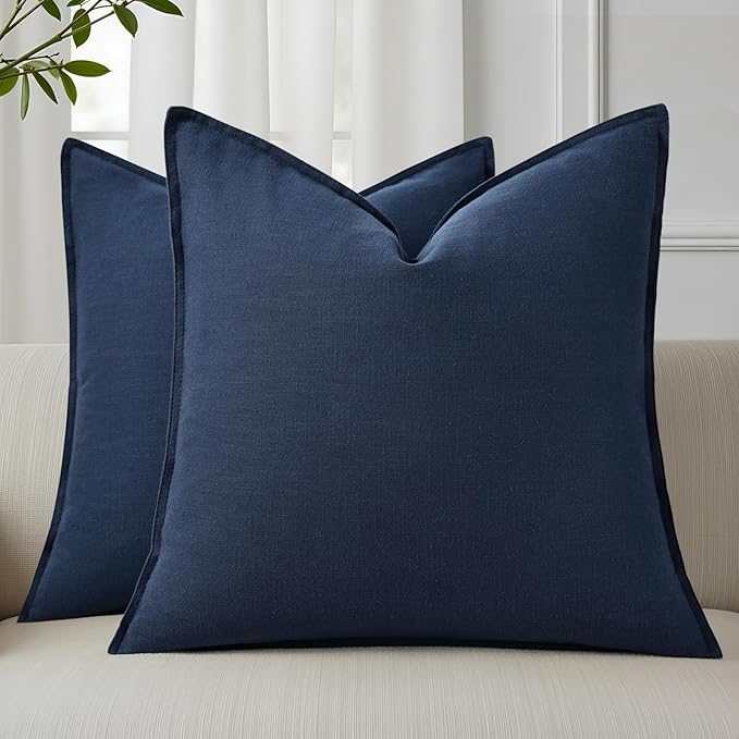 decorUhome Christmas Decorative Linen Throw Pillow Covers 24x24 Inch Set of 2 Navy Blue Soft Pillow Covers with Flange Edges Soft Farmhouse Boho Accent Pillow Cases for Couch Sofa Bed Living Room