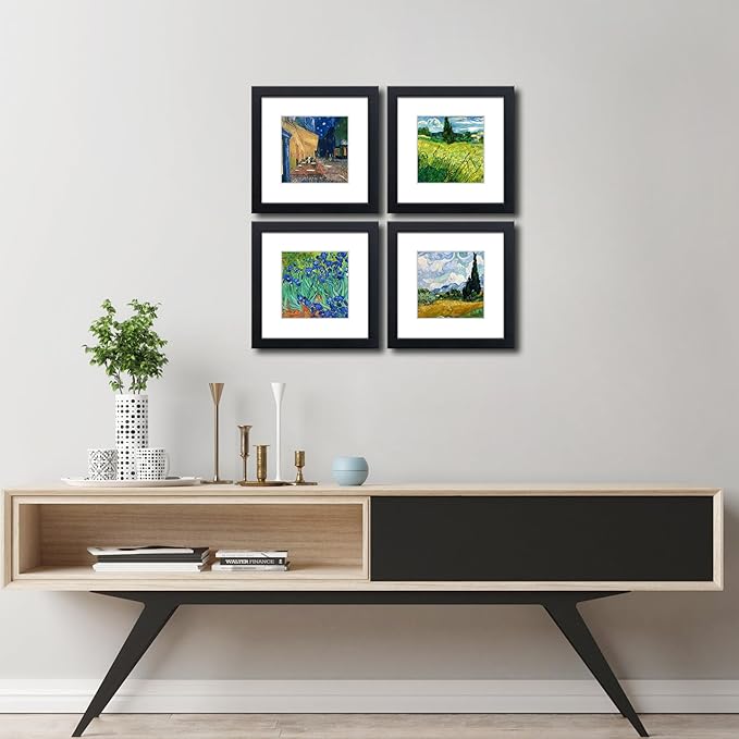 8x8 Picture Frame Set of 4 Made of Solid Wood Photo Frame with Real Glass for Pictures 5x5 with Mat or 8x8 Without Mat, Wall Mount or Tabletop Gallery Photo Frames in Black