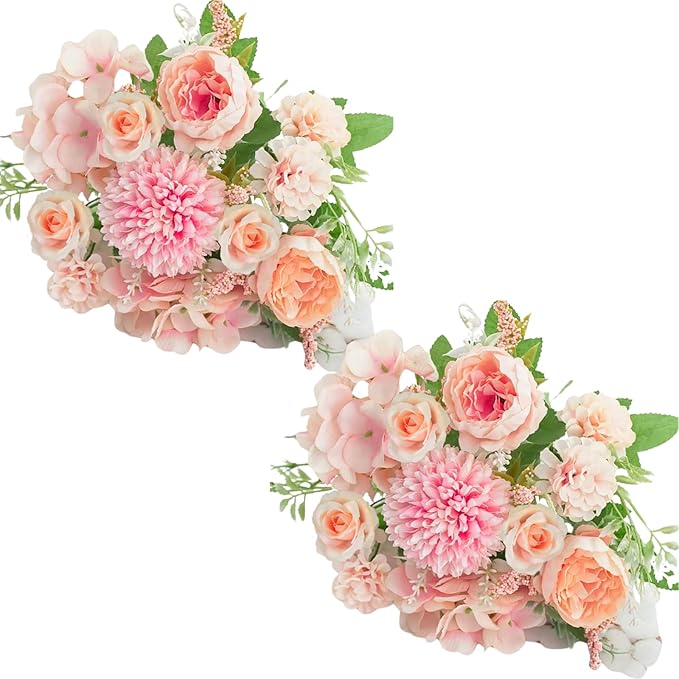 ASTRYAS Artificial Flowers, 2PCS Small Silk Flowers for Home Decor Indoor Fake Bouquet Faux Floral Arrangements Dining Table Centerpieces for Kitchen Bridal Wedding Party Decor, Pink