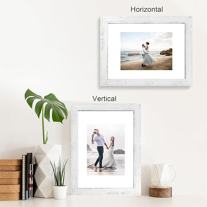 iRahmen 9x12 Picture Frame Set of 4 with Tempered Glass, Distressed White Frame Display 6x8 Picture with Mat or 9 x 12 Without Mat, Wooden Photo Frame for Wall Mount and Tabletop Display