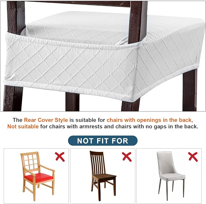 Genina Waterproof Seat Covers for Chairs,Set of 2 Dining Room Chair Seat Covers for Kitchen,Stretch Jacquard Removable Washable Dining Chair Slipcovers Protectors with Rear Covers, White