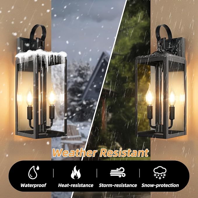 OKELI 17.6" Black Outdoor Wall Light Fixture, Large Exterior Porch Lighting 2-Light Farmhouse Outside Lantern Lights with Clear Glass Waterproof Wall Sconces Lamp for House Garage