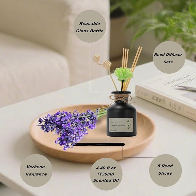 130ML Verbena Scented Reed Diffuser - Oil-Based Long-Lasting Fragrance, Elegant Glass Bottle for Home & Office Decor (Living Room, Bathroom, Bedroom)