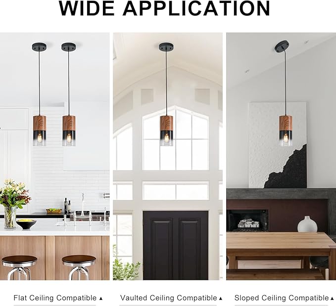 Modern Pendant Lights for Kitchen Island, Adjustable Black Pendant Light Fixtures with Brown Wood Grain, Industrial Glass Pendant Lights for Dining Table Hallway Bedroom Living Room,1 Pack