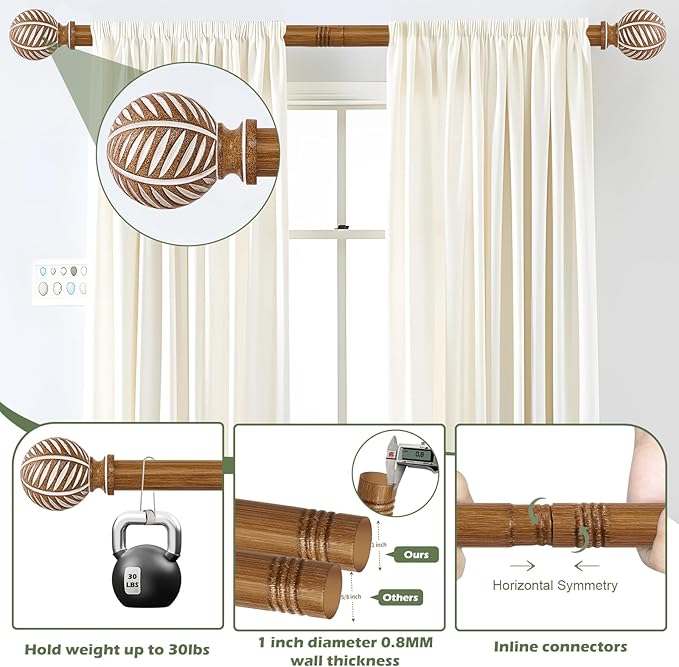 2 Pack Wood Curtain Rods 48 to 84 Inch,1 Inch Boho Adjustable Curtain Rod,Imitation Wood Grain Leaf Window Curtains Rods,Farmhouse Rustic Heavy Duty Drapery Poles,Brown Drapery Rod Set 36-88"